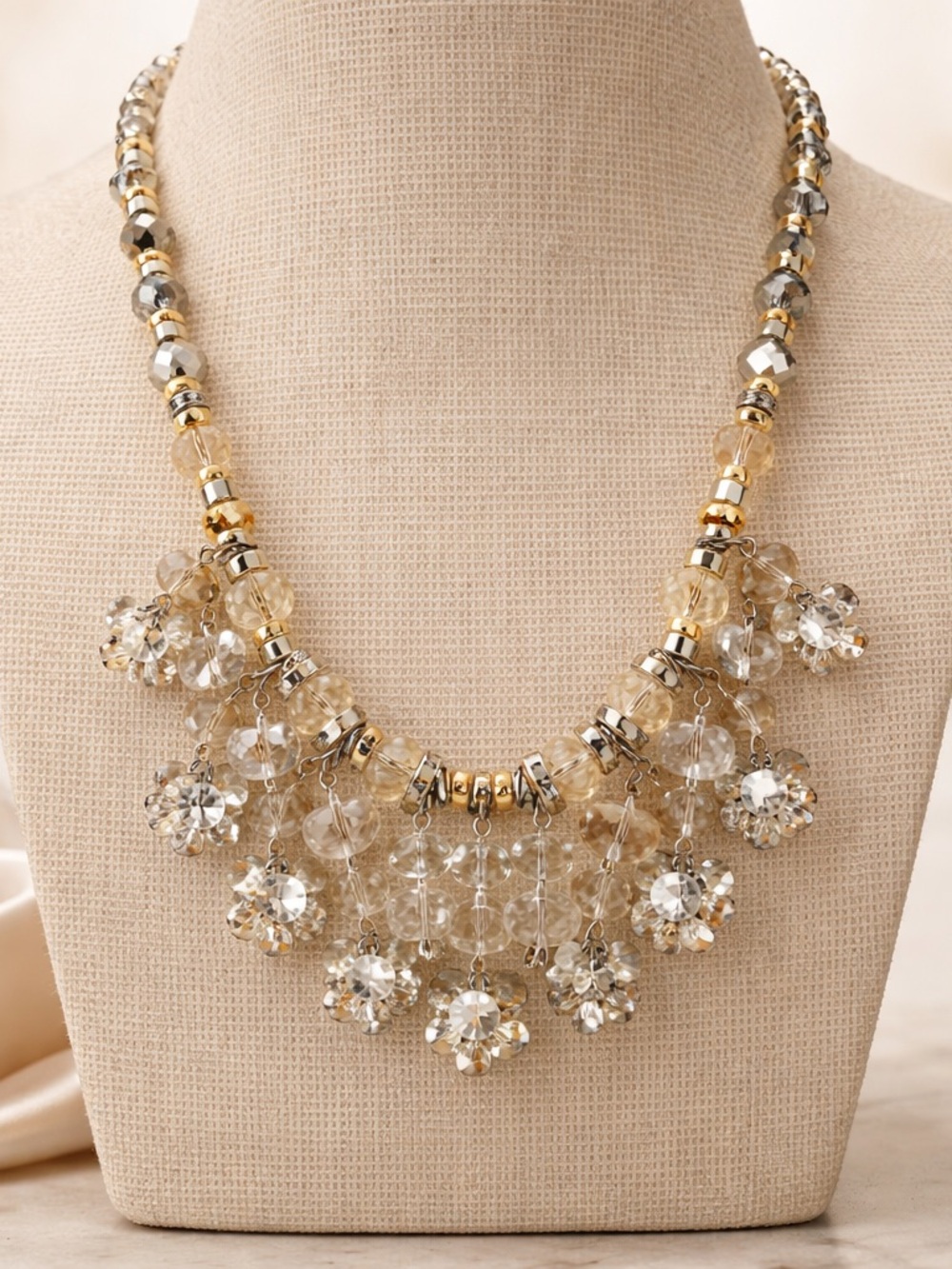 Vintage Deadstock Heavy Crystal Bib Necklace Clear Faceted Dangle Floral Charm